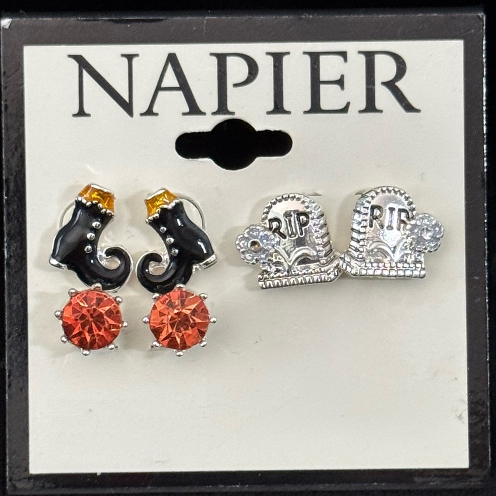 NWT 3 Pairs Halloween Earrings Orange Rhinestones  Witch Boots Silver Headstone
